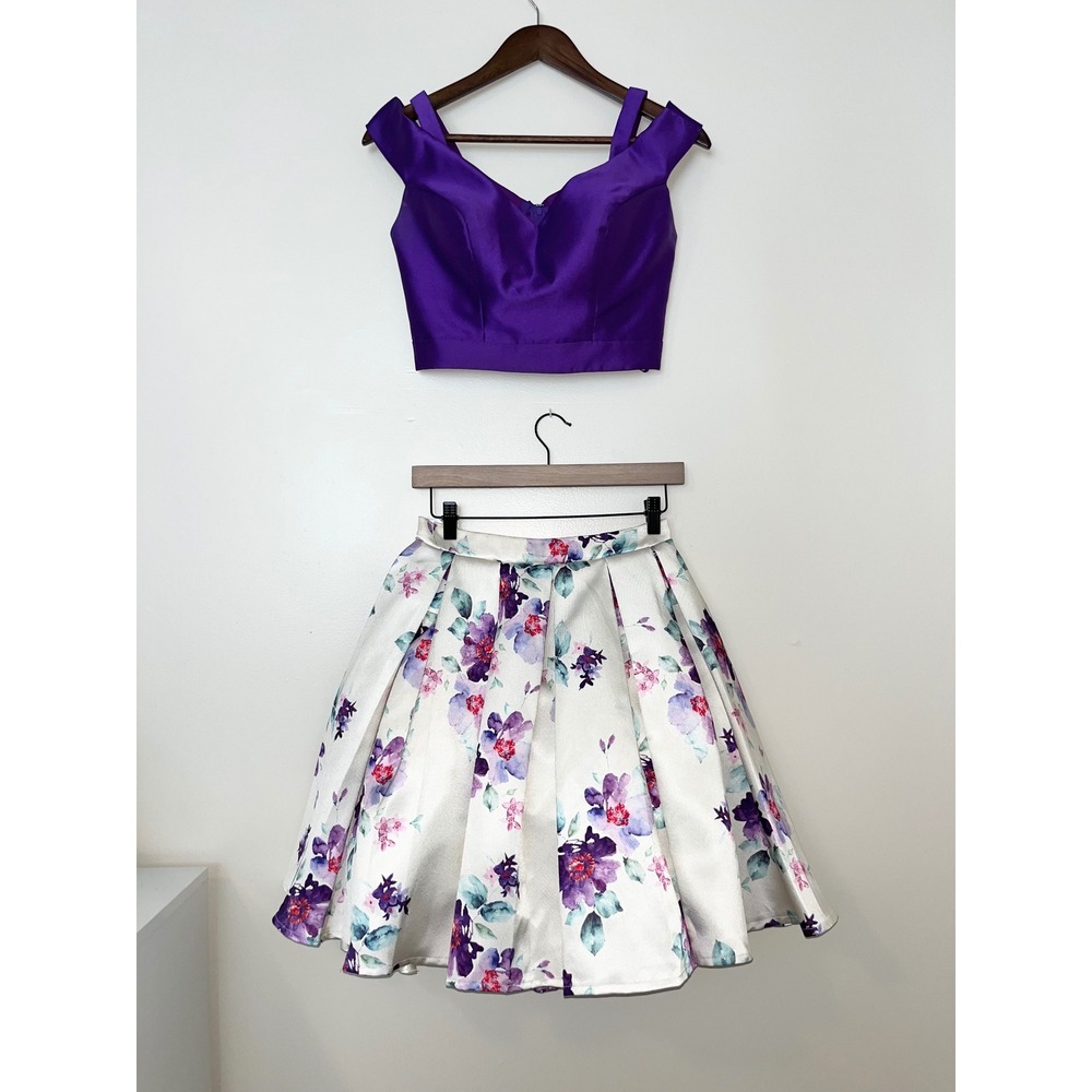 DAVE & JOHNNY Purple Crop Top‎ Floral Skirt Set Prom Formal | 3/4